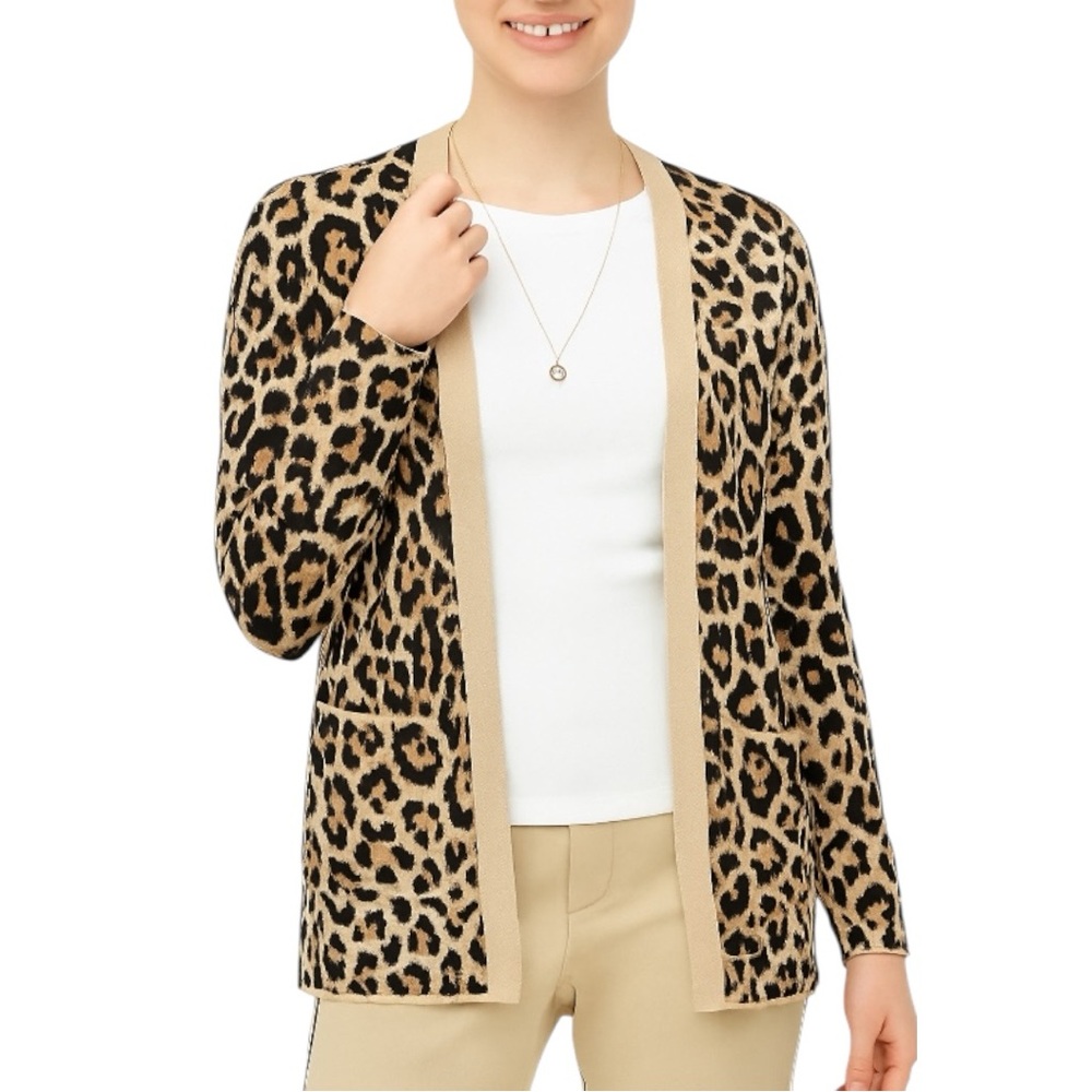 J. Crew Leopard Print Open Cardigan Cotton Sweater Size Medium